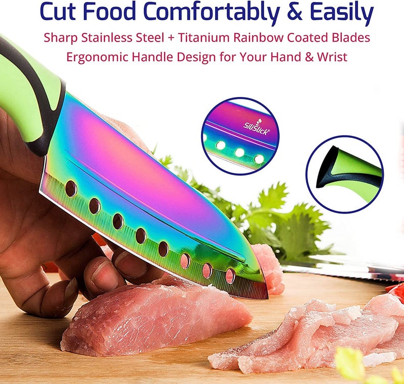 SiliSlick Kitchen Knife Set Kit, 5 Dishwasher Safe Colorful Knives, Knife Sharpener & Magnetic Wall Bar, Titanium Non Stick Plating Stainless Steel - Image 3